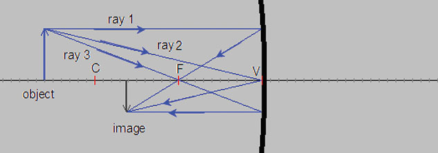 A ray diagram can be used to identify the image position and characteristics in a curved mirror.